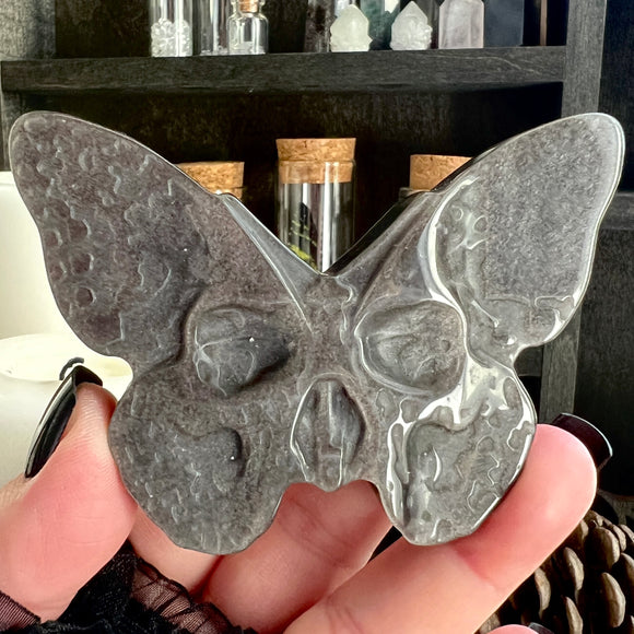 DISCOUNTED-Silver Sheen Obsidian Skull Death Moth
